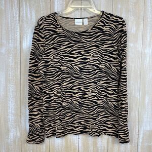 Chicos Size 0 (S) Zebra Animal Print Top Black Tan Long Sleeve Pullover Stretchy